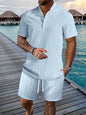 Men's plus size white short sleeve button detail top and shorts set by Trendsi, casual summer outfit for men.