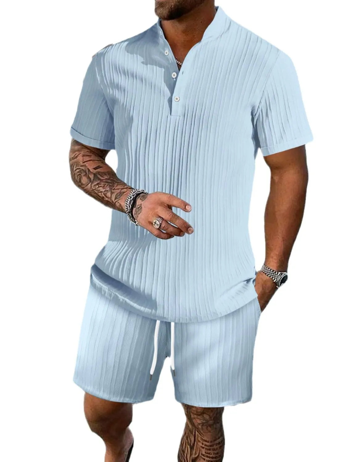 Men's white plus size short sleeve top and shorts set with button details, trendy casual summer outfit by Trendsi.