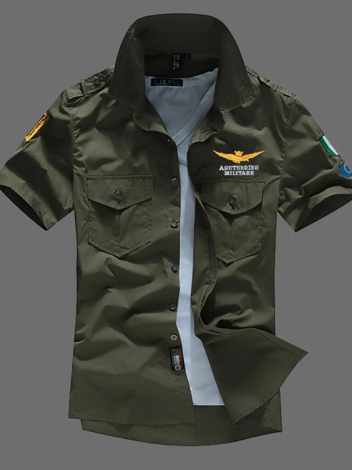White men's plus size button-up short sleeve shirt from Trendsi, shown on a mannequin with collar and front buttons.