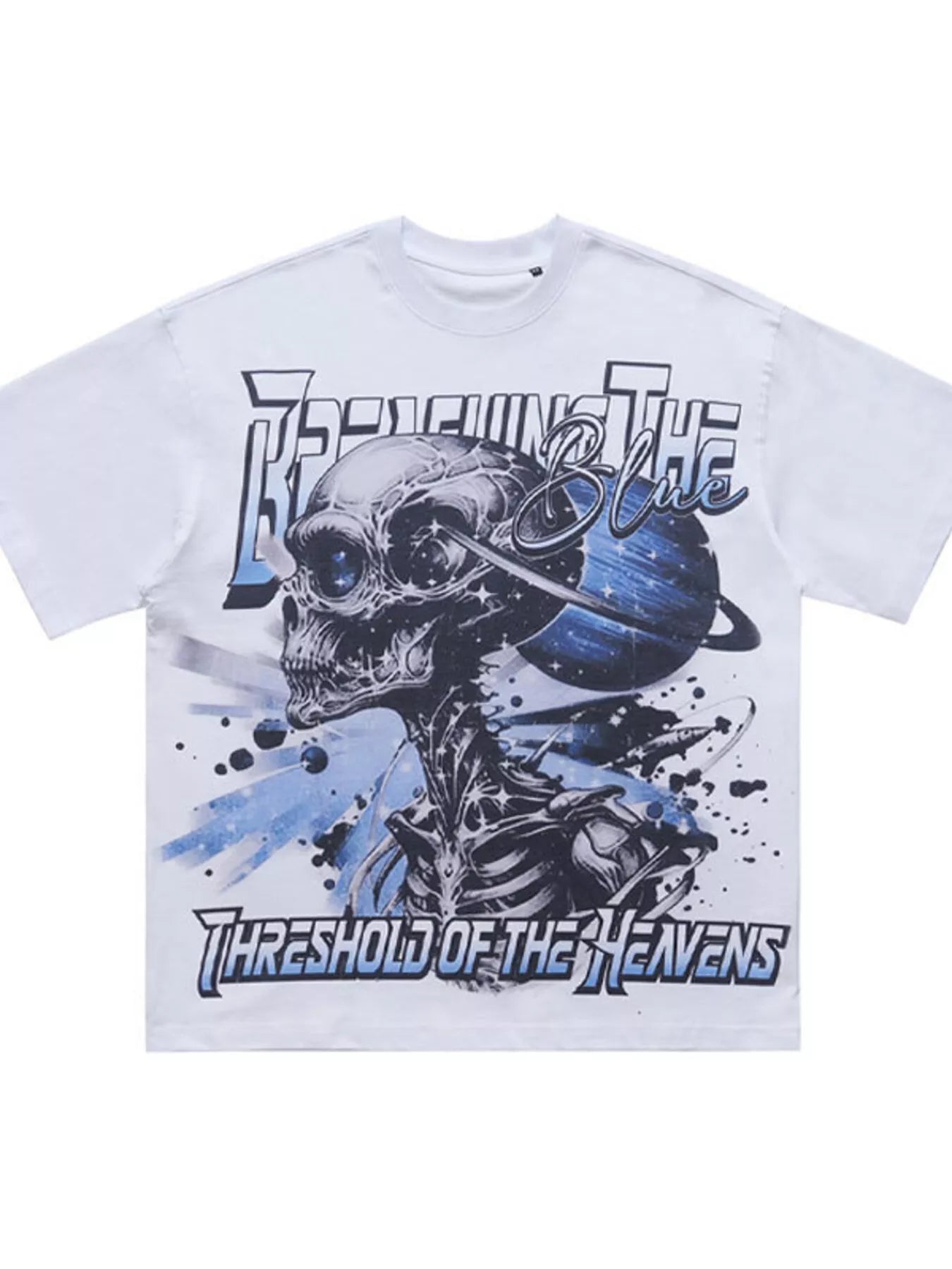 White men's skull graphic round neck T-shirt by Trendsi featuring a bold skull design on soft cotton fabric.