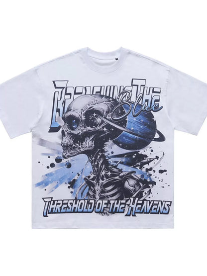 White men's skull graphic round neck T-shirt by Trendsi featuring a bold skull design on soft cotton fabric.
