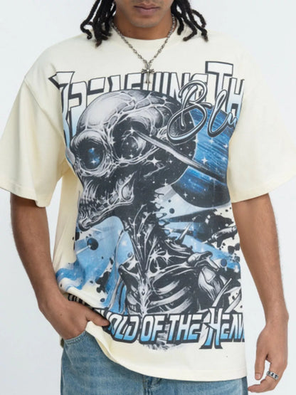 White men's skull graphic round neck T-shirt by Trendsi, featuring a bold skull design on soft cotton fabric.