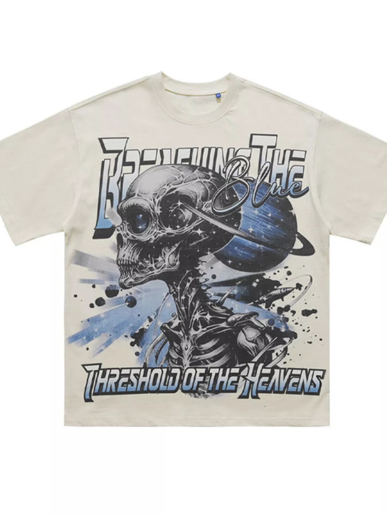 White men's skull graphic round neck T-shirt by Trendsi with bold skull print on the front.