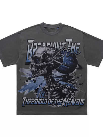 White men's skull graphic round neck T-shirt by Trendsi, featuring a bold skull design on the front.