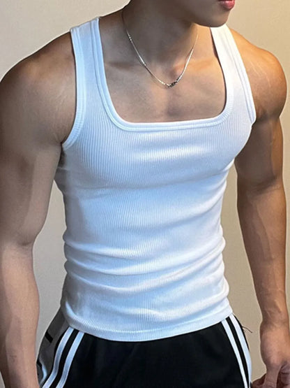 White men's square neck wide strap tank top by Trendsi, front view showing the sleeveless design and square neckline.