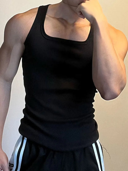 White men's square neck wide strap tank top from Trendsi, showcasing the fitted design and stylish neckline.