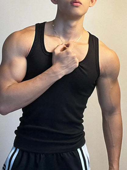 White men's square neck wide strap tank top from Trendsi, featuring a fitted design and sleeveless style for casual wear.