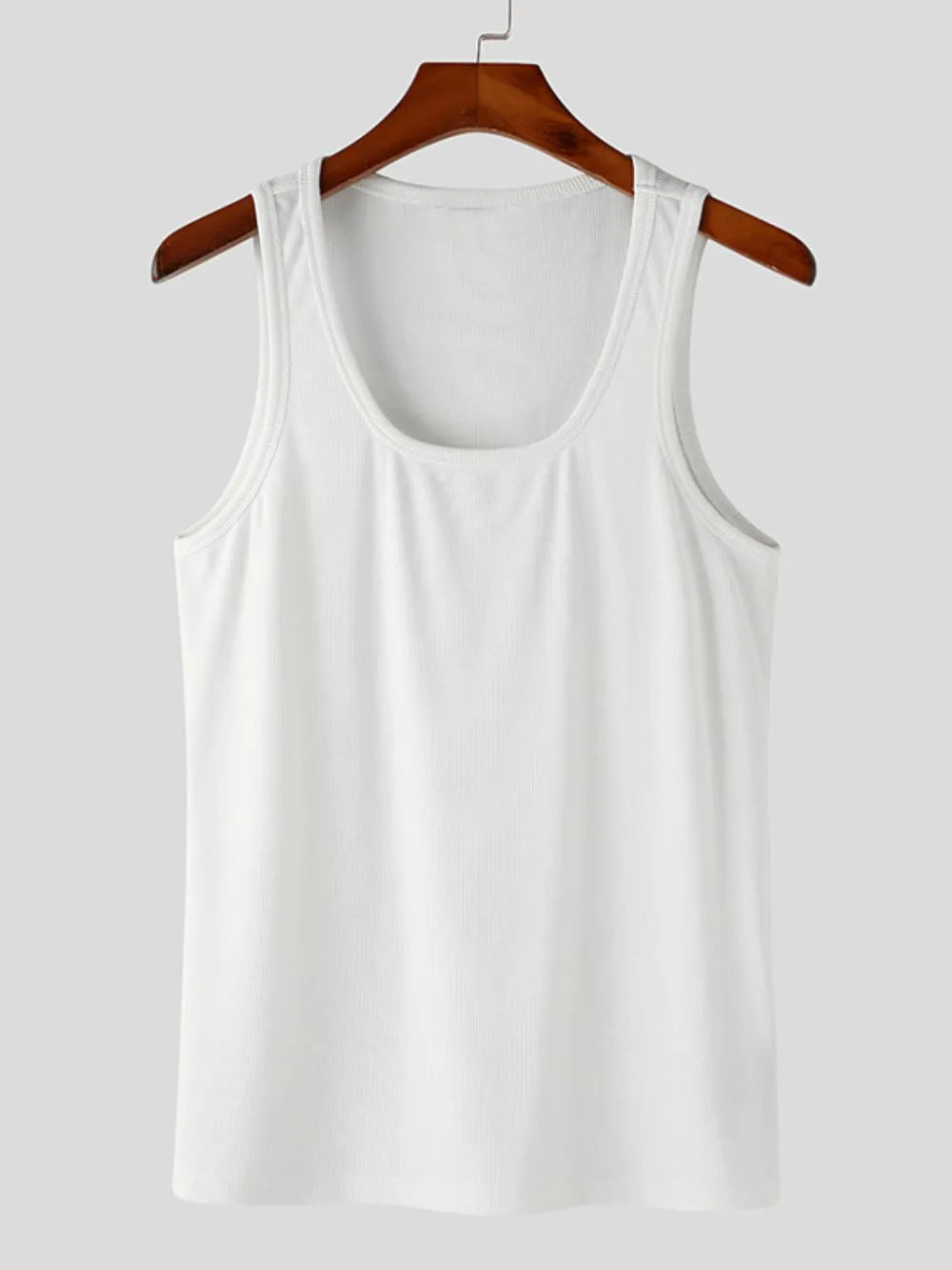 White men's square neck tank top with wide straps by Trendsi, front view showing fitted sleeveless design