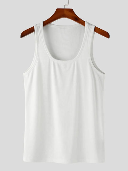 White men's square neck tank top with wide straps by Trendsi, front view showing fitted sleeveless design