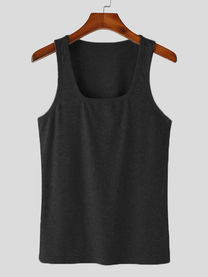 White men's square neck wide strap tank top by Trendsi, showcasing its fitted design and broad shoulder straps.