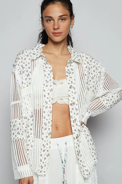 White floral crochet patchwork long sleeve shirt by Trendsi featuring intricate embroidery and lightweight fabric.