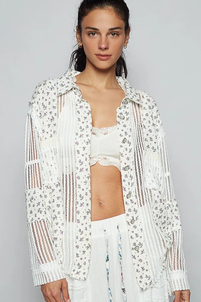 White floral crochet patchwork long sleeve shirt by Trendsi, featuring intricate embroidery and casual, stylish design.