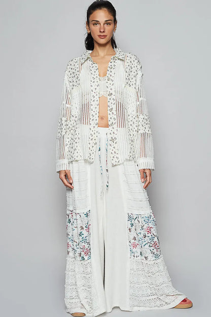 White floral crochet patchwork long sleeve shirt from Trendsi with intricate crochet details and a relaxed fit.