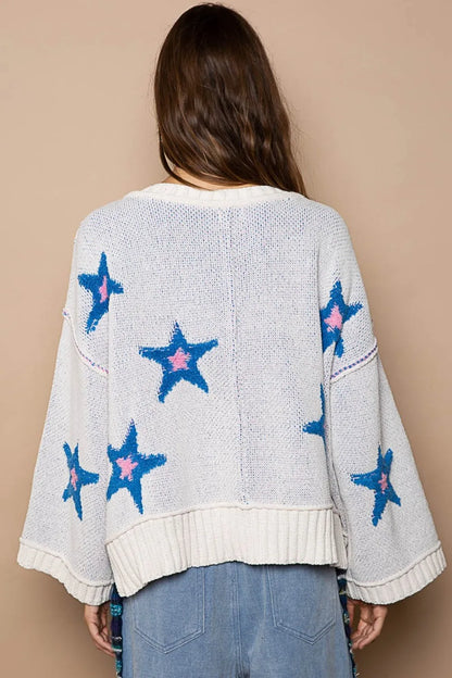White POL long sleeve star patch sweater by Trendsi featuring a cozy knit design and star patches on the front.