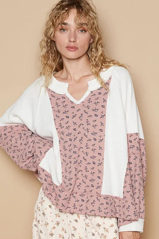 White waffle knit floral notched long sleeve top from Trendsi with a stylish notched neckline and long sleeves.