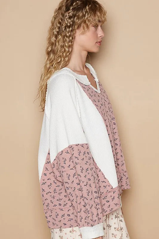 White POL waffle knit floral notched long sleeve top from Trendsi, featuring a feminine floral pattern and stylish notched neckline.