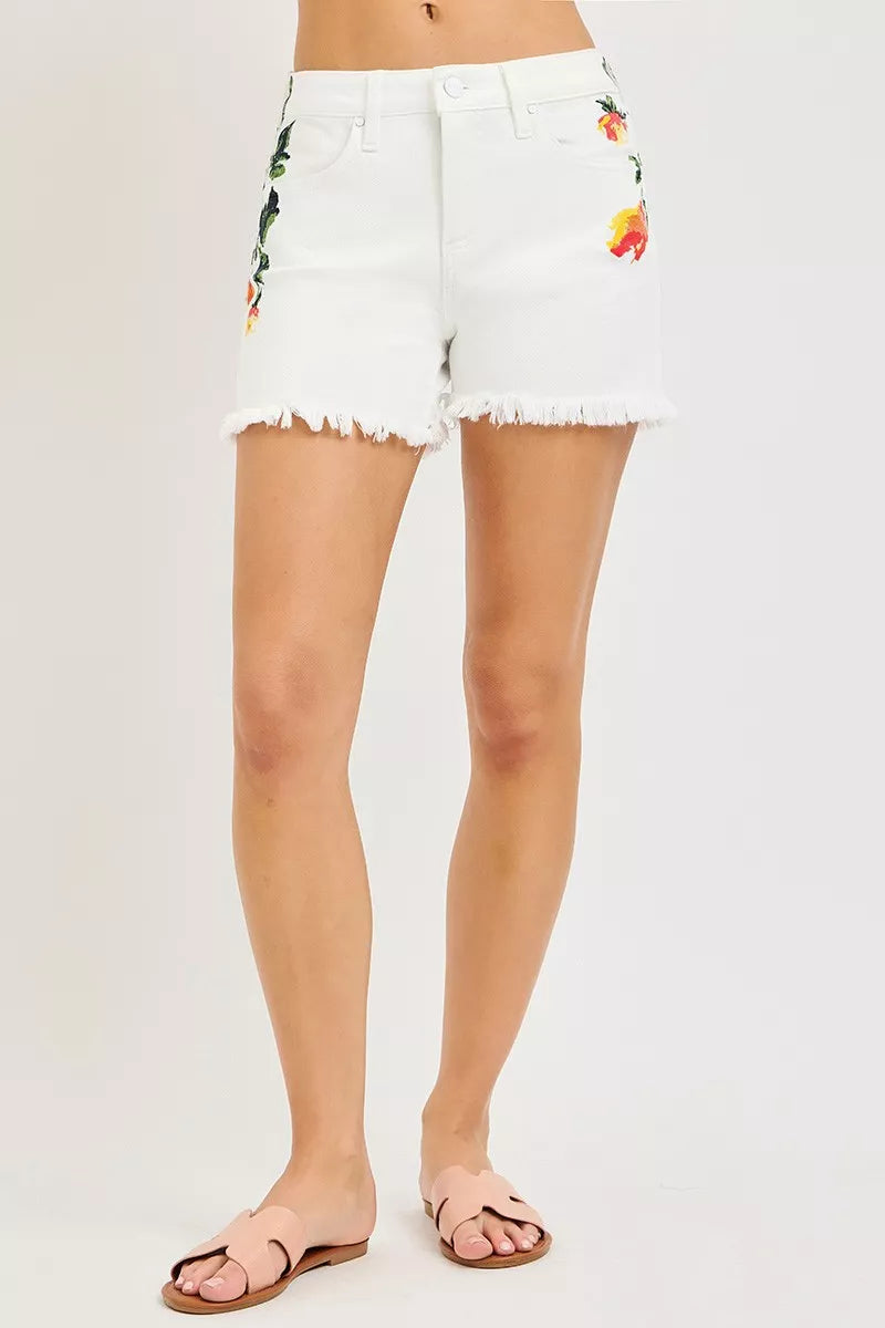 White RISEN tummy control high-rise shorts with colorful flower print, made by Trendsi, perfect for casual summer wear.