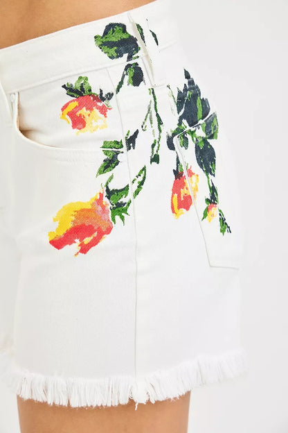 White Risen Tummy Control high-rise shorts with colorful flower print, designed for a flattering fit and comfortable wear.
