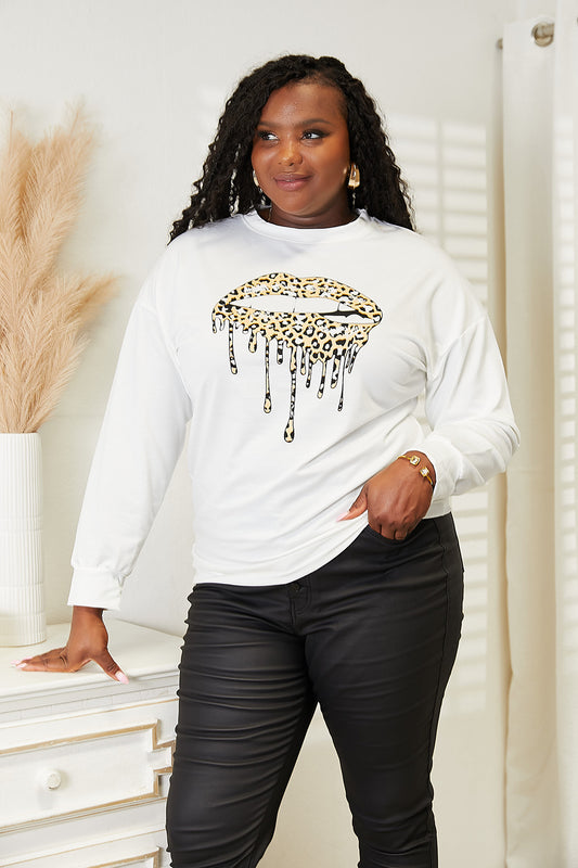 White Simply Love graphic dropped shoulder round neck sweatshirt by Trendsi, featuring a relaxed fit and casual style.