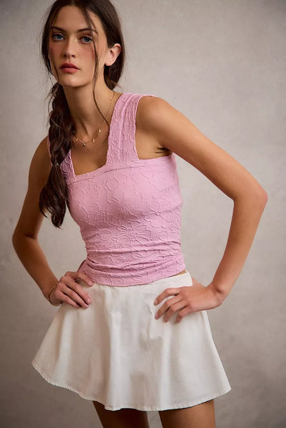White SO ME denim bubble skort with smocked back, featuring a casual, relaxed fit and stylish design by Trendsi.