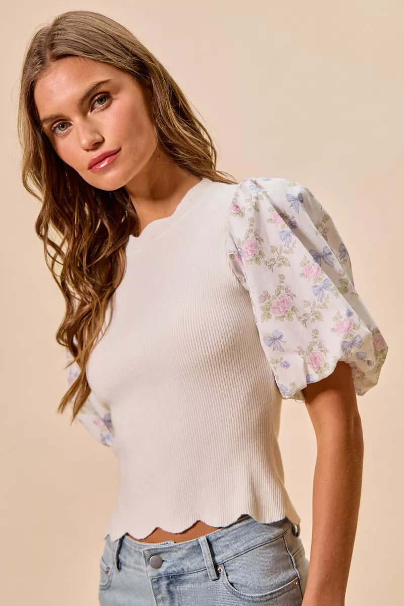 White floral cotton sweater top with contrasting scalloped sleeves, stylish and comfortable from Trendsi.