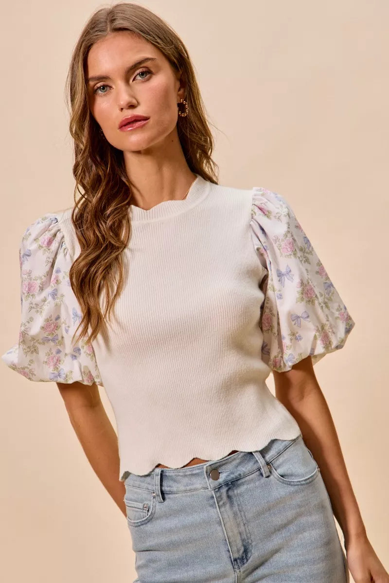 White floral cotton sweater top with contrast sleeves and scalloped hem, stylish Trendsi sweater for casual wear.