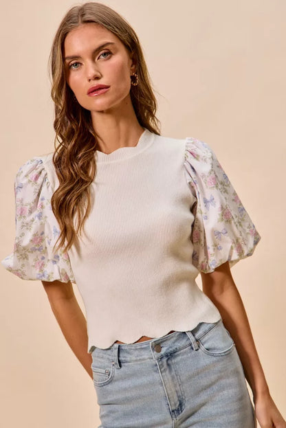 White floral cotton sweater top with contrast sleeves and scalloped hem, stylish Trendsi sweater for casual wear.