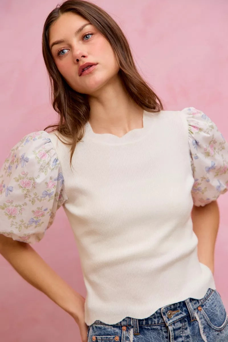 White floral cotton sweater top with contrast sleeves and scalloped hem, stylish Trendsi SO ME design.
