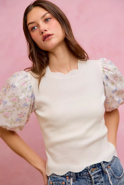 White floral cotton sweater top with contrast sleeves and scalloped hem, stylish Trendsi SO ME design.