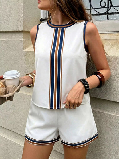 White striped sleeveless top and shorts set by Trendsi, casual summer outfit with lightweight fabric and relaxed fit.