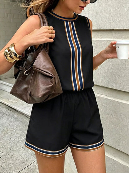 White striped sleeveless top and shorts set by Trendsi, casual summer outfit with breathable fabric and stylish design.