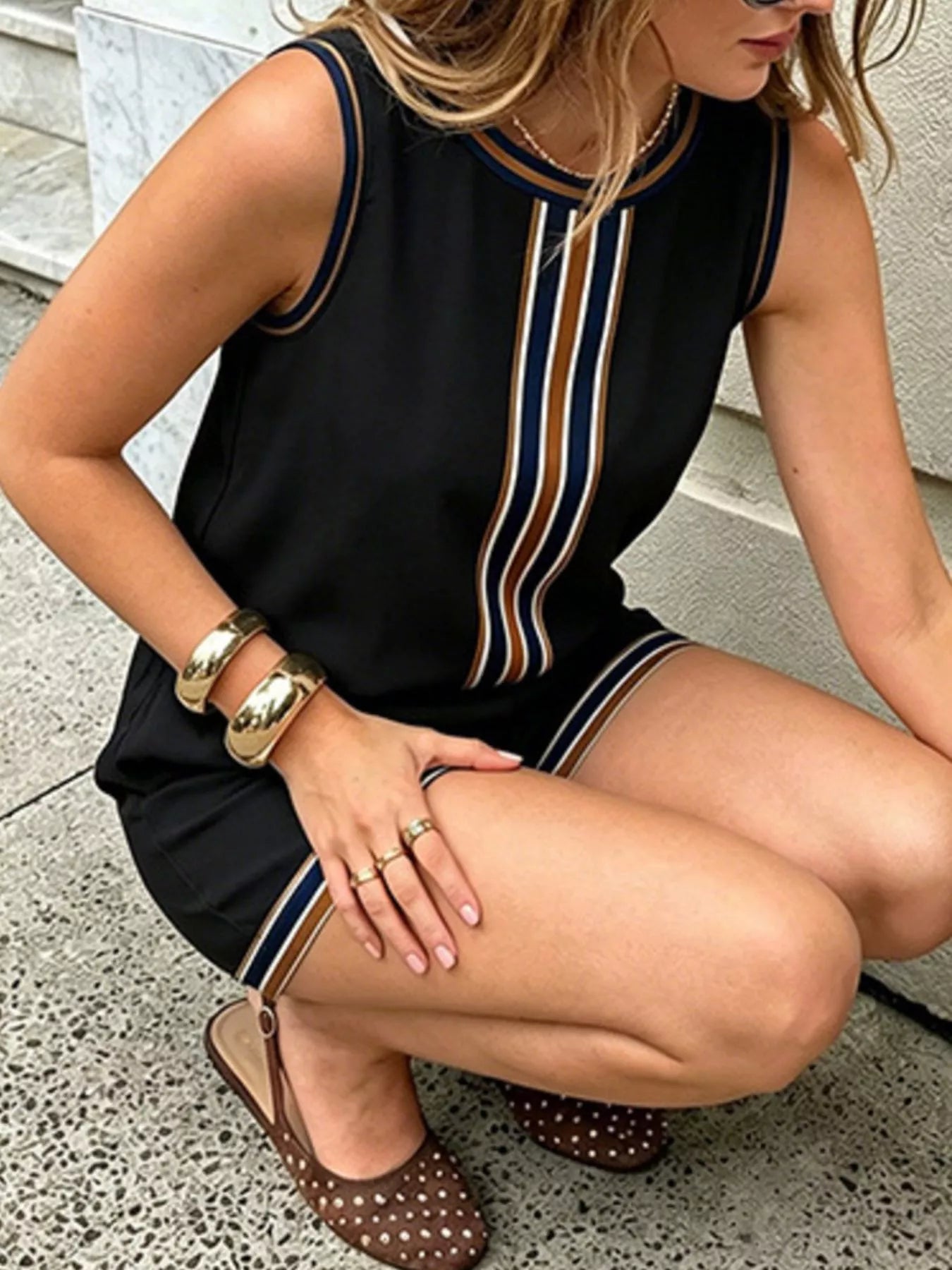 White striped sleeveless top and shorts set by Trendsi, casual summer outfit with a relaxed fit and comfortable fabric.