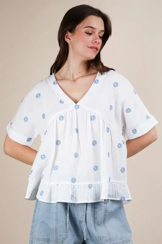 White Very J Flower embroidered woven blouse by Trendsi, featuring intricate floral embroidery and lightweight woven fabric.