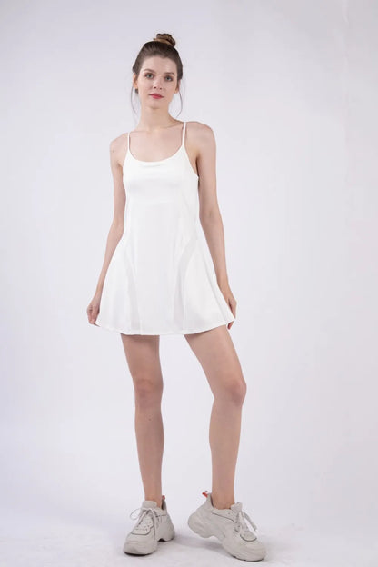White Very J mesh detail tennis mini active dress with built-in shorts, featuring a sporty design and comfortable fit.