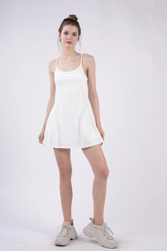 White Very J mesh detail tennis mini active dress with built-in shorts, featuring a sporty design and comfortable fit.