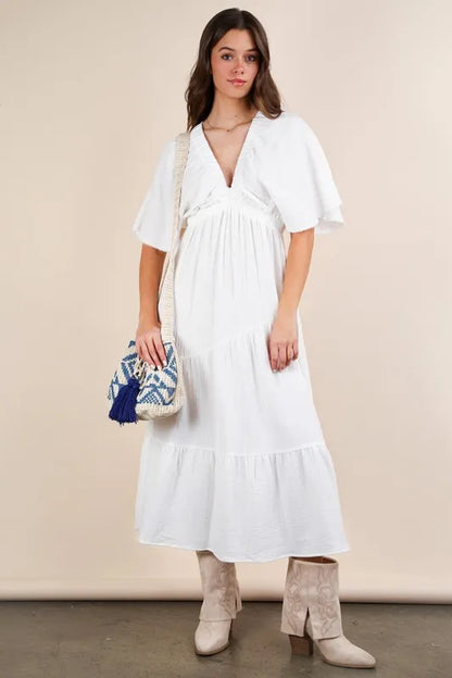 White Very J Mineral Washed Elastic Neck Detail Midi Dress by Trendsi, featuring a relaxed fit and stylish neckline.