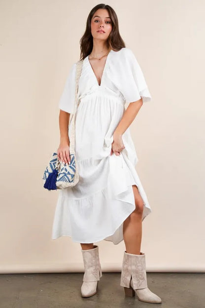 White Very J Mineral Washed Midi Dress with elastic neckline and relaxed fit, featuring stylish details, by Trendsi.