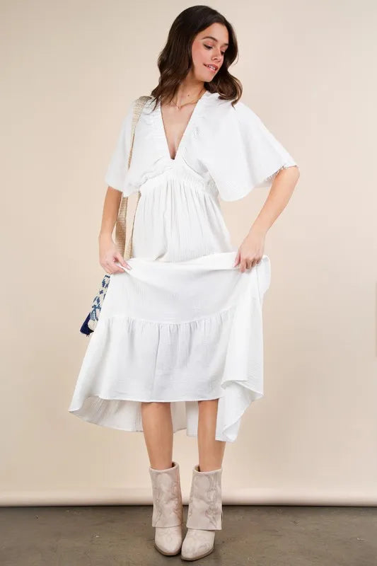 White Very J Mineral Washed Elastic Neck Detail Midi Dress by Trendsi, showing the soft fabric and fitted silhouette.