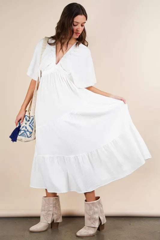 White Very J Mineral Washed Midi Dress with elastic neckline and sleeveless design, fashionable and comfortable for casual wear.
