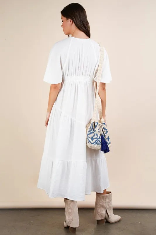 White Very J Mineral Washed Midi Dress with elastic neck detail, featuring a sleek, casual design perfect for everyday wear.