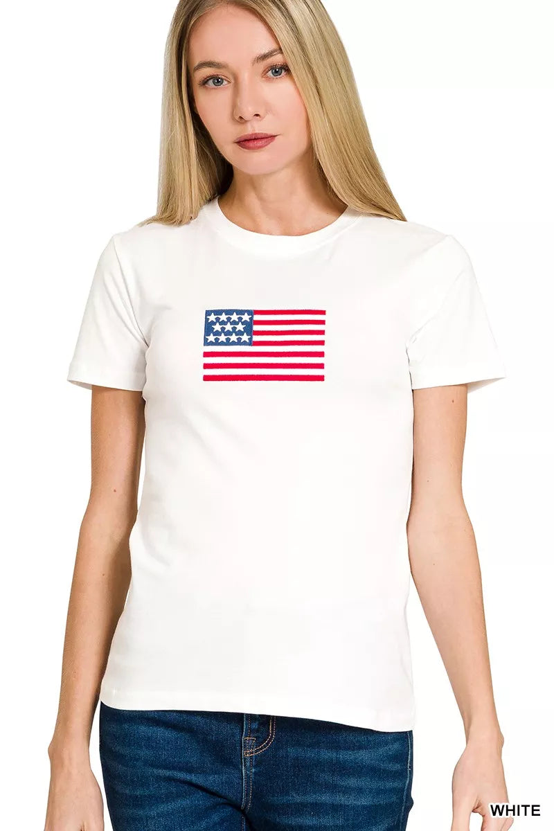 White Zenana American Flag T-shirt with patriotic star and stripe design, casual short-sleeve tee for everyday wear.