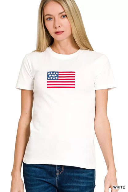 White Zenana American Flag T-shirt with patriotic star and stripe design, casual short-sleeve tee for everyday wear.