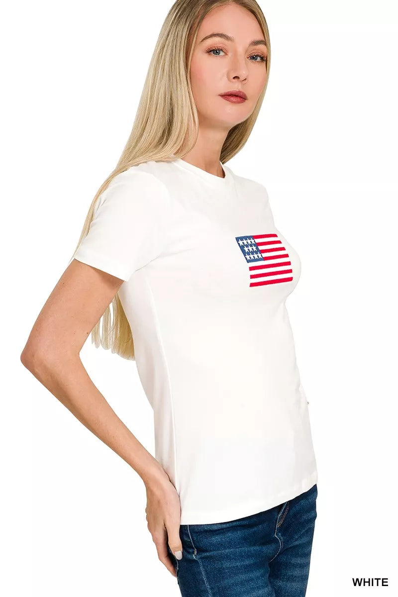 White Zenana American Flag T-shirt with bold flag print, casual fit, soft fabric, perfect for patriotic or everyday style.