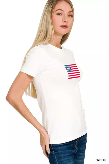 White Zenana American Flag T-shirt with bold flag print, casual fit, soft fabric, perfect for patriotic or everyday style.