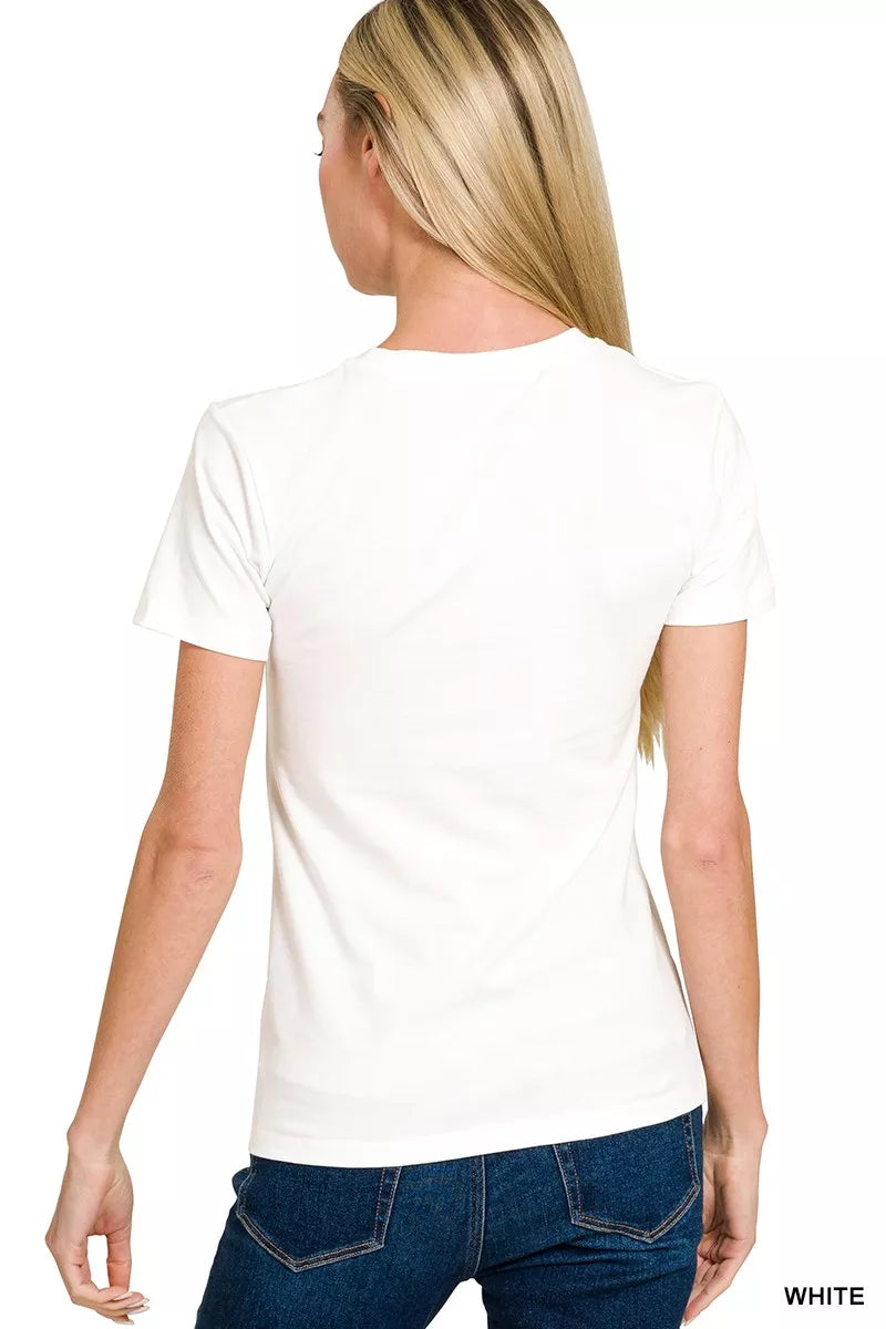 White Zenana American Flag T-shirt featuring a bold flag graphic, casual fit, and soft cotton fabric.