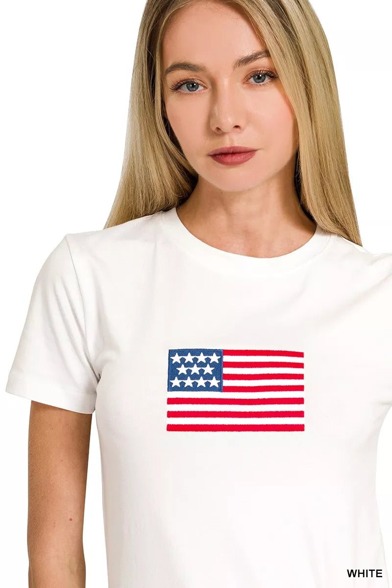 White Zenana American Flag T-shirt featuring a patriotic flag design, casual fit, and short sleeves.