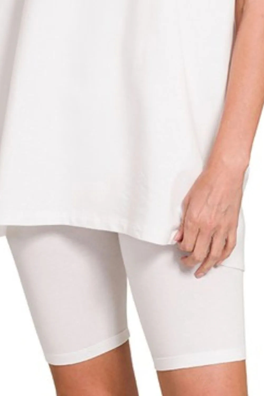 White Zenana cotton round neck top paired with matching biker shorts, casual and comfortable trendy loungewear set.