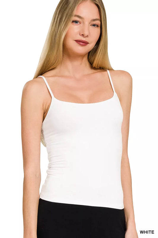 White Zenana double-layered round neck spaghetti camisole from Trendsi, featuring a simple, stylish design with thin straps.