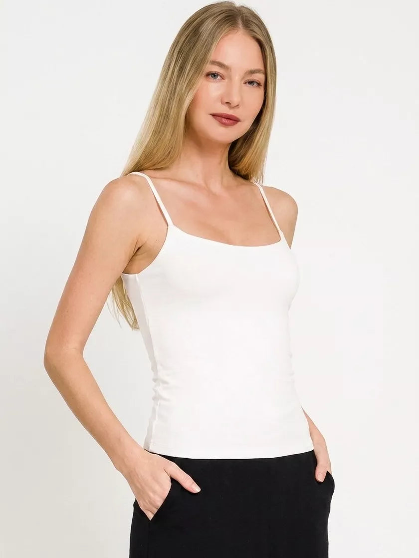 White Zenana double-layered round neck spaghetti cami by Trendsi, featuring a sleeveless design and soft fabric.