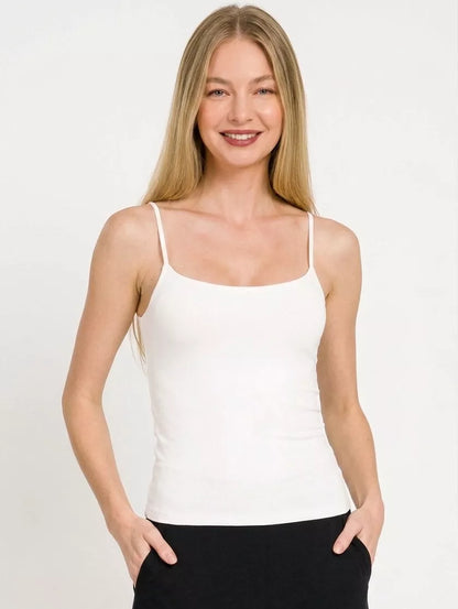 White Zenana double-layered round neck spaghetti camisole from Trendsi, showing the layered design and scoop neckline.